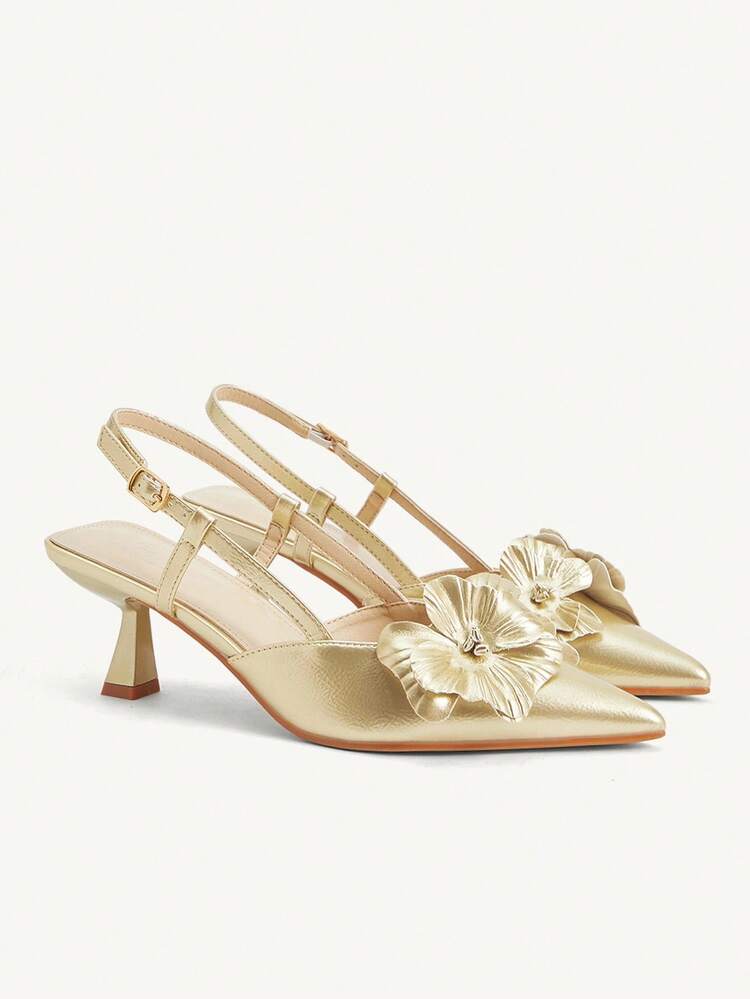 CUCCOO CHICEST Women's Pointed Toe Pumps With 3D Iris Flower Decor, Stiletto Heel, Elegant Romantic Classic Gold Faux Leather High Heels, Suitable For Dates, Parties, Halloween, Thanksgiving, Christmas Elegant Shoes Wedding Shoes Summer Shoes Bride Shoes