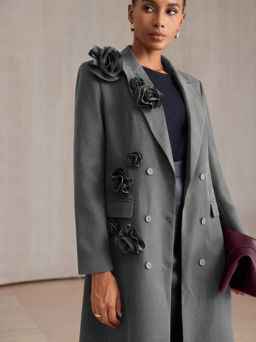 Aveloria Modichic Fashionable Versatile Commuter High-End Elaborate 3D Floral Design Long Lapel Blazer For Women, Regular Fit Holiday Party Clothes - Dark Grey - View 1