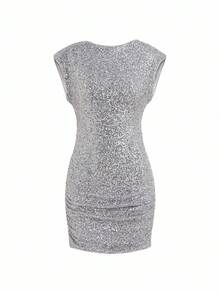 INAWLY 女士时尚性感亮片褶皱紧身连衣裙，夏季 - 銀色 - 查看 5