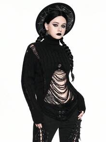 ROMWE Goth 女式哥特式破洞高领毛衣，万圣节 - 黑色 - 查看 2