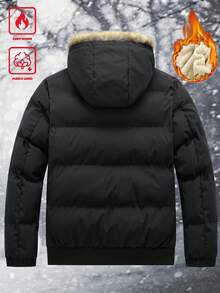 Manfinity Homme Men's Autumn/Winter Furry Trim Thermal Lined Hooded Outdoor Padded Coat, Zip-Up Business Casual Padded Coat, Thick Thermal Lined, Commuter Wear, Black Outerwear Men Winter Coat - Black - View 2