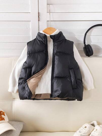 SHEIN 男婴可爱黑色保暖立领背心外套，适合室内、室外、日常穿着、运动、滑雪等秋冬季活动。
