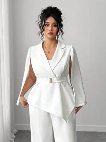 Elenzga 女士时尚翻领斗篷袖夹克和直筒裤套装 - 白色 - 查看 4