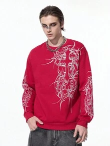 ROMWE MEN Goth Men's Thorn Print Long Sleeve Pullover Sweatshirt - Burgundy - View 4