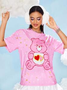 SHEIN X Care Bears Women's Cartoon Bear Pattern Pink Round Neck Short Sleeve T-Shirt - Pink - View 5