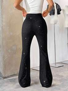 SHEIN EZwear High Waist Flared Shiny Stretchy Knit Black Long Flare Pants, Suitable For Vacation, Outing, Date, Party, Casual Daily Wear, Plus Size - Black - View 3