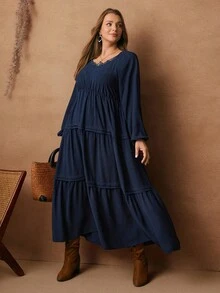 Rosumi Gaun Lengan Panjang Berenda dengan Hiasan Rumbai Warna Polos Ukuran Besar, Pakaian Musim Dingin untuk Wanita, Pakaian Musim Gugur untuk Wanita, Gaun Panjang Kasual - Navy Blue - View 6