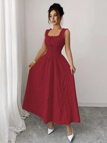 Elenzga 全新女式编织纹理花卉面料细肩带蝴蝶结设计腰部 A 字型时尚百搭优雅精致淑女连衣裙 - 酒紅色 - 查看 6