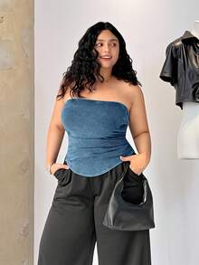 Solflare Top tubo casual sin tirantes con estampado para mujer talla grande, primavera/verano - Azul - Ver 5