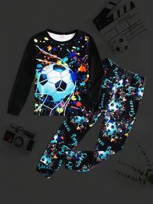 2 Stücke/Set Gestricktes Oberteil mit Rundhalsausschnitt und lange Hose Sportbekleidung für Kleine Jungen, Fußball & Leuchtschrift, cooles Design, mehrfarbig, Herbst/Winter - Verschiedenfarbig - Übersicht 1