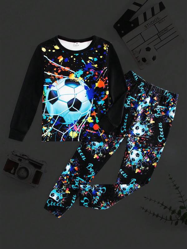 Conjunto de 2 peças de blusa de malha com gola redonda e manga comprida para meninos, roupa esportiva, futebol e letras que brilham no escuro, estilo descolado, multicolorido, outono/inverno
