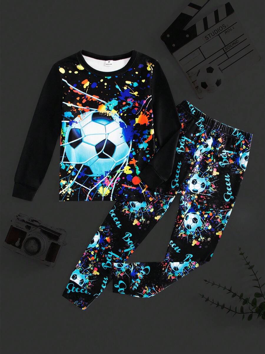 2 Stücke/Set Gestricktes Oberteil mit Rundhalsausschnitt und lange Hose Sportbekleidung für Kleine Jungen, Fußball & Leuchtschrift, cooles Design, mehrfarbig, Herbst/Winter - Verschiedenfarbig - Übersicht 1