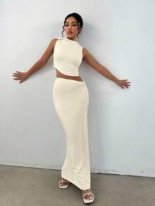 SHEIN Unity Women's Solid Color Twist Shoulder Design Fitted Tank Top And Skirt 2 Pieces Set - Beige - View 3
