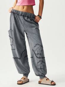 Bohemela BOHO Solid Color Knitted Low Waist Loose Drawstring Pants For Women