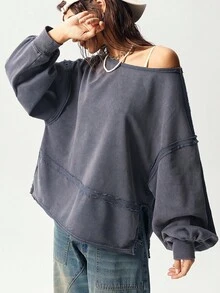 Bohemela Casual Solid Color Knit Round Neck Lantern Sleeve Loose Washed Relaxed Fit Women Sweatshirt In Fall/Winter - Grey - View 2