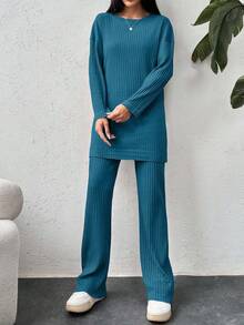 EURMUSE Camiseta de algodón con hombros caídos y pantalones con bajo dividido - Agua verde azul - Ver 5