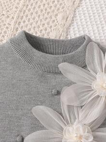 女童甜美灰色毛衣套装 - 精致手工3D花朵，宽松百搭，长袖针织套头衫+长裤两件套，可爱时尚，秋冬毛衣套装，女童针织套装，女童针织毛衣裤套装，女童两件套服装，女童秋季服装 - 灰色 - 查看 4