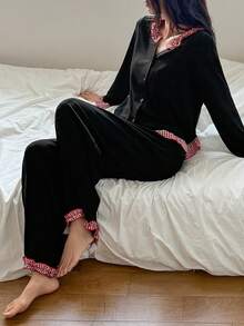 DAZY 女士甜美撞色格子荷叶边睡衣套装，秋季服装 - 黑色 - 查看 6