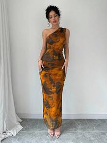 Elenzga Váy dạ hội sang trọng dành cho nữ, cổ lệch in họa tiết tie-dye, không tay gợi cảm - màu nâu - Xem 4