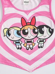 THE POWERPUFF GIRLS X SHEIN 青少年女孩时尚 Y2K 休闲夏季心形和可爱卡通花朵、泡泡、毛茛图案不对称下摆无袖上衣 - 粉色 - 查看 3