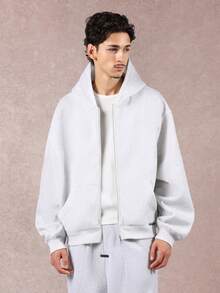 SUMWON 经典常规版型全拉链连帽衫，带中央口袋，休闲抽绳家居服外套，适合秋冬 - 灰色 - 查看 3