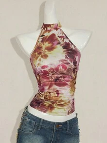 SHEIN ICON Áo thun cổ bó hở lưng dành cho nữ, biểu tượng gợi cảm và tiên phong Y2K, thích hợp cho các buổi đi chơi mùa hè, phong cách Boho, lễ hội nhạc đồng quê, áo yếm in hoa hở lưng gợi cảm, thích hợp cho mùa hè, mùa thu và mùa đông - Nhiều màu - Xem 5