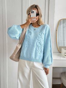 SHEIN LUNE Rundhals Laternärmel 3D Blumen Pullover, lässiger, weiter Pendler Vintage Stil für Frauen Blumen Pullover Damen Pullover bestickter Pullover blauer Pullover Zopfstrick Pullover für Herbst/Winter - Blau - Übersicht 6