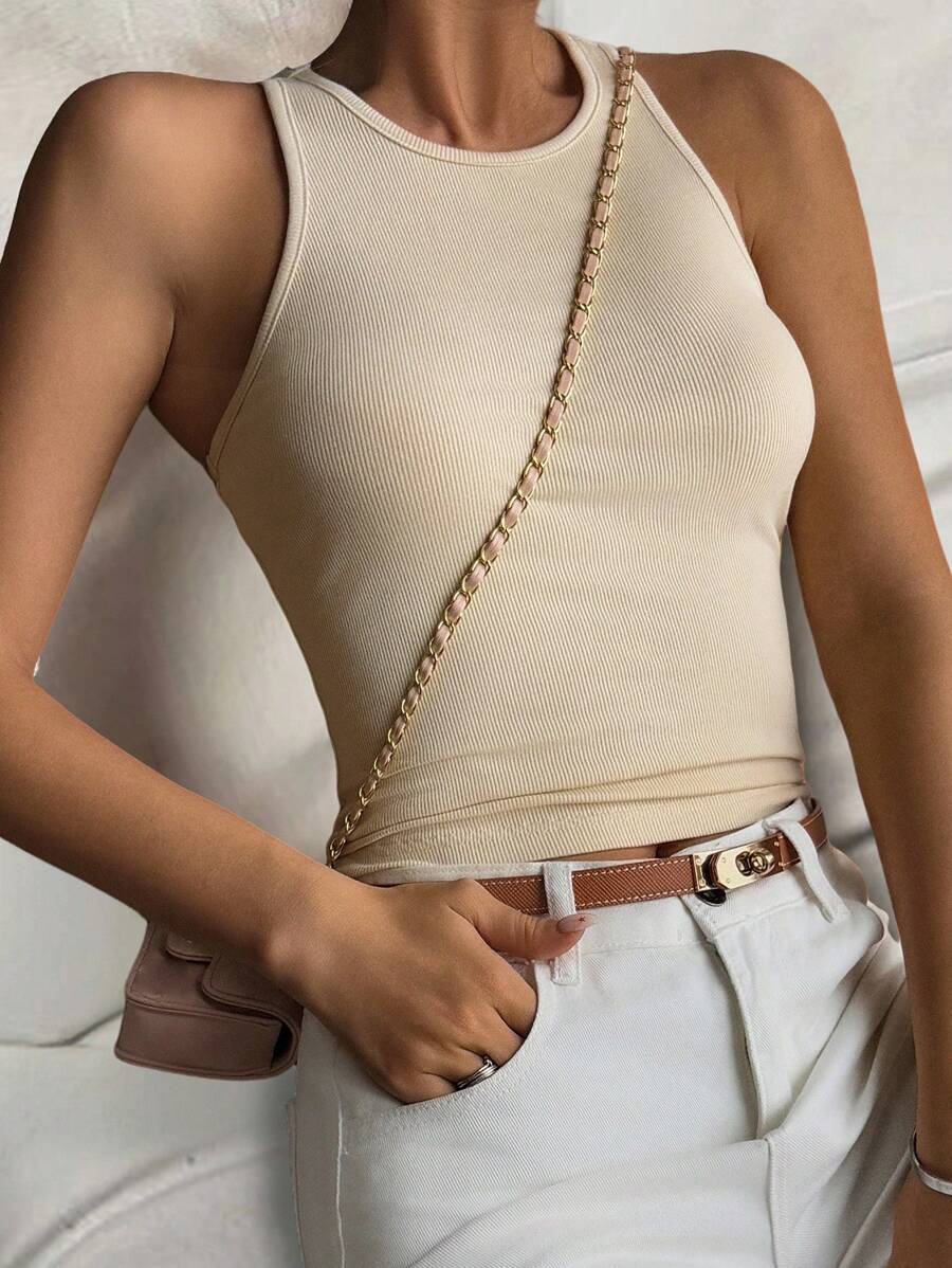 Livesso Sleeveless Round Neck Fitted Sports Tank Top, Summer - Apricot - View 1