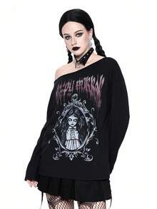ROMWE Áo thun tay dài cổ bất đối xứng in hình búp bê kinh dị Gothic, Halloween - màu đen - Xem 5
