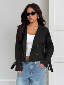 SHEIN PETITE Beige Button-Down Drawstring Trench Coat Women's Black_crop_jacket Women_black_blazer Black_jacket_women Black_belted_jacket Short_black_jacket In Fall/Winter