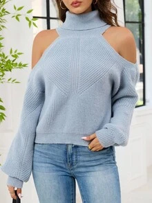 SHEIN Tall Suéter holgado de mujer de cuello alto y hombros descubiertos de manga larga, para otoño/invierno