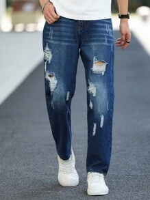 Manfinity Homme 男士休闲破洞洗水牛仔裤，磨边牛仔裤纯色深蓝色长直筒工装牛仔裤，适合送给老公、男朋友的礼物 - 藍色 - 查看 3