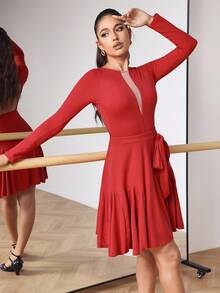 Menodora SHEIN Sport 1 件女式纯色露背交叉绑带修身长袖舞蹈紧身衣 - 紅色 - 查看 1