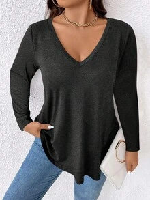 EMERY ROSE Plus Size Solid V-Neck Long Sleeve Casual T-Shirt For Spring - Dark Grey - View 4