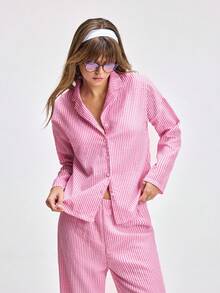 LOUNGEISTA Conjunto de pijama de 2 piezas para mujer con blusa de manga larga con botones a rayas y pantalón con cordón, ropa de otoño - Rosa Fucsia - Ver 6