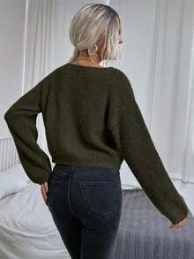 EMERY ROSE Áo len ngắn màu trơn phong cách đại học thường ngày, Thu/Đông - xanh quân đội - Xem 2