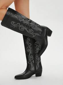 Styleloop Women's Studded, Zipper, Embroidered Decor Chunky Heel Pointed Toe Slip-On Boots, Suitable For Festivals, Outdoor, Black Boots, Ladies Boots, Western Boots - Black - View 5