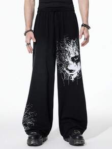 ROMWE MEN Goth Men's Dark Face & Spider Web Print Sweatpants Halloween - Black - View 6