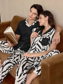 EverLounge 女士有领短袖睡衣套装 - 黑與白 - 查看 3