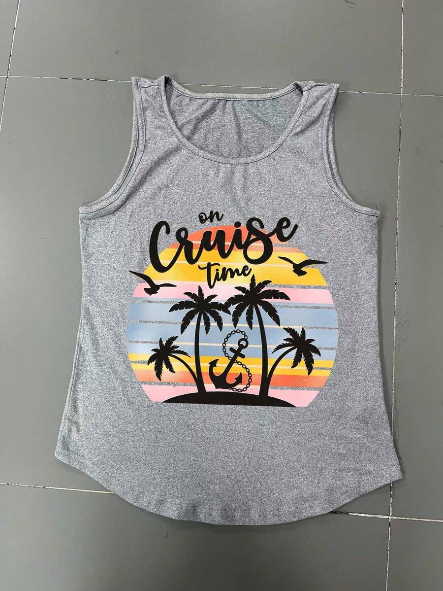INAWLY Summer Letter & Palm Tree Graphic Tank Top - Grey - View 1
