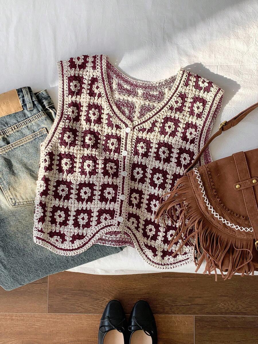 Comfortcana 女式度假风全印花V领纽扣前无袖针织开衫背心（秋冬款） - 酒紅色 - 查看 1