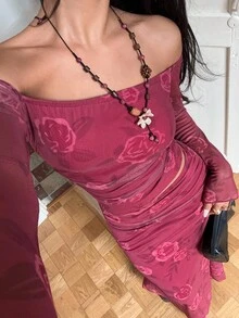 Sunnyshic Rose Pink Rose Print Sexy Sweet Vacation Style Off Shoulder Asymmetrical Sleeve Design Waist Ruched Women 2 Pieces Set - Hot Pink - View 7