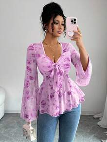 Elenzga 全新花卉印花网眼透明喇叭袖蝴蝶结前部休闲优雅女式 T 恤 - 紫色 - 查看 1