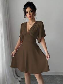 Elenzga New V-Neck Ruched Bust Ruffled Sleeve Waist Cinched Elegant Mini Dress For Women, Flattering & Slimming - Brown - View 5