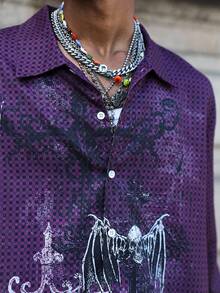 ROMWE MEN Style Turndown Collar Gothic Long Sleeve Loose Fit Men's Shirt, For Fall - Purple - View 4