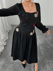 Modelyn Elegant Mesh Embroidered Patchwork Solid Color Square Neck Long Sleeve Fitted Midi Dress, Plus Size, Spring/Autumn Fall Cloth For Women - Black - View 3