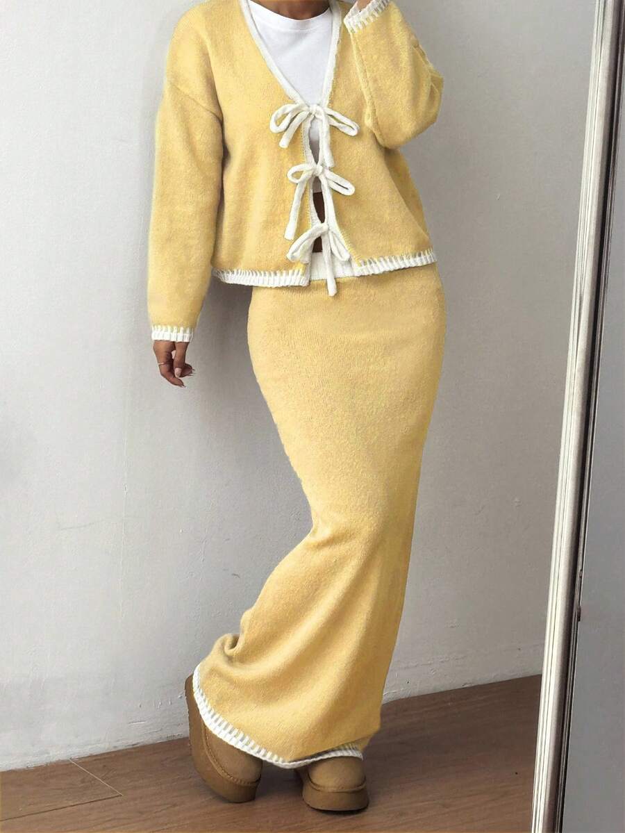 Flirla 2pcs Ombre Bowknot Strap Casual Basic Knit Set, Autumn/Winter - Multicolor - View 1