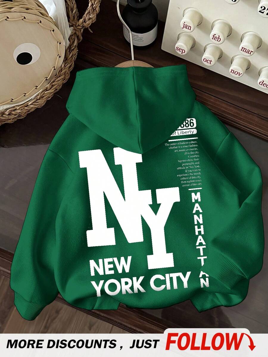 Tween Boy Casual Cartoon Pattern Thick Hooded Long Sleeve Sweatshirt, Suitable For Autumn/Winter Fall - Dark Green - View 1