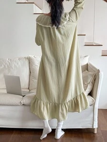 DAZY 浪漫蕾丝荷叶边领女士睡袍，秋季睡衣 - 綠色 - 查看 2