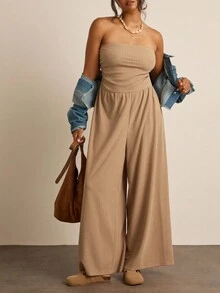 SHEIN VCAY 夏季大码纯色休闲连体裤 - 卡其色 - 查看 3